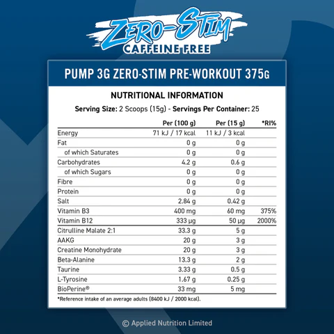 Applied Nutrition Pump 3G Pre-workout Zero Stim Icy Blue Raz 375g 2