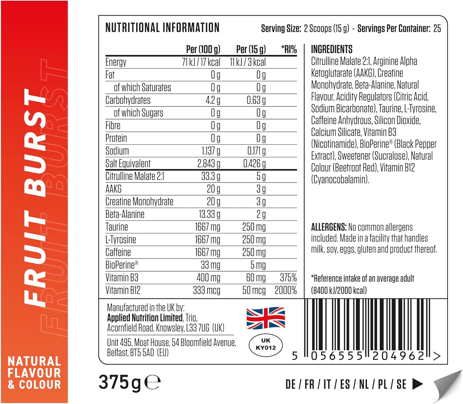 Applied Nutrition Pump 3G Fruit Burst 375g  2